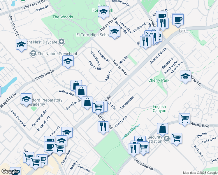 map of restaurants, bars, coffee shops, grocery stores, and more near 25356 Vía Verde in Lake Forest