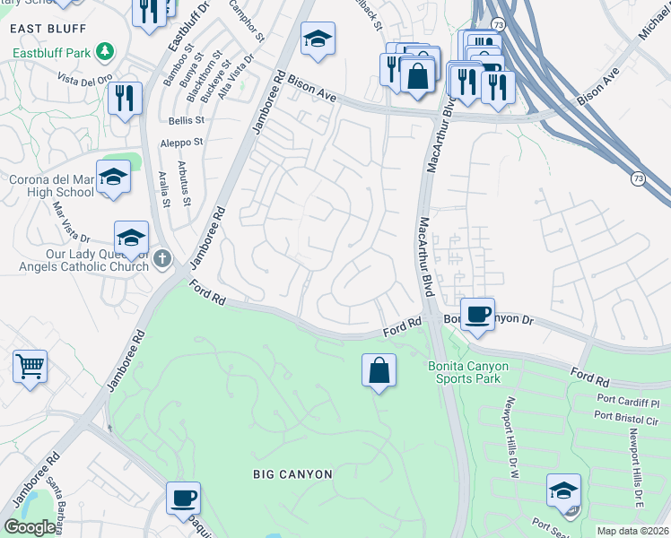map of restaurants, bars, coffee shops, grocery stores, and more near 12 Old Course Drive in Newport Beach