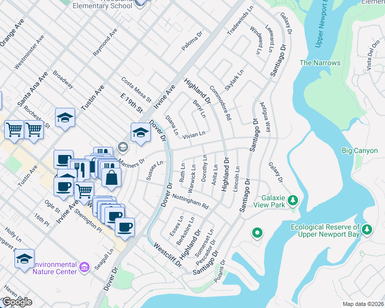 map of restaurants, bars, coffee shops, grocery stores, and more near 1615 Mariners Drive in Newport Beach