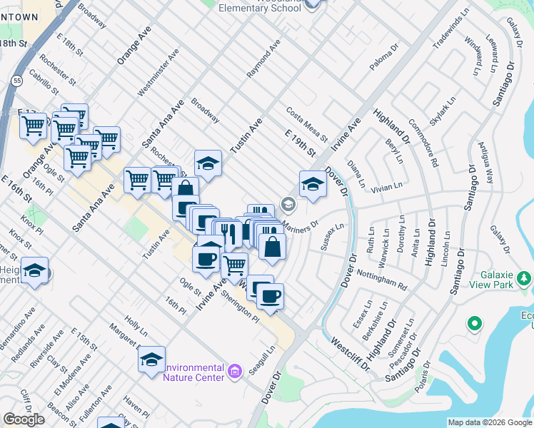map of restaurants, bars, coffee shops, grocery stores, and more near 498 East 18th Street in Costa Mesa