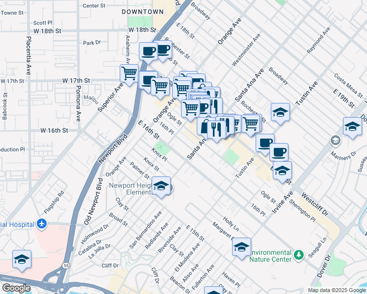 map of restaurants, bars, coffee shops, grocery stores, and more near 280 16th Place in Costa Mesa