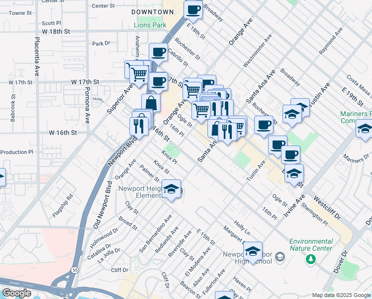 map of restaurants, bars, coffee shops, grocery stores, and more near 248 East 16th Street in Costa Mesa