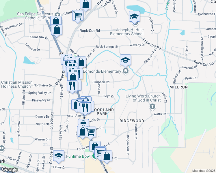 map of restaurants, bars, coffee shops, grocery stores, and more near 4517 Ridge Drive in Forest Park