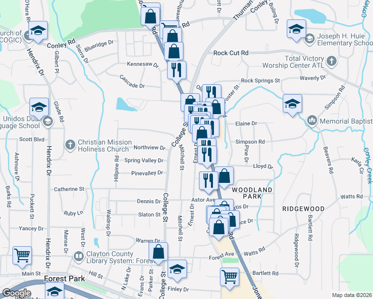 map of restaurants, bars, coffee shops, grocery stores, and more near 4518 Mitchell Street in Forest Park