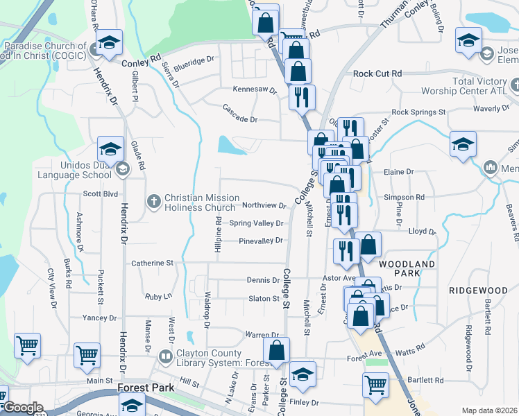 map of restaurants, bars, coffee shops, grocery stores, and more near 858 Northview Drive in Forest Park