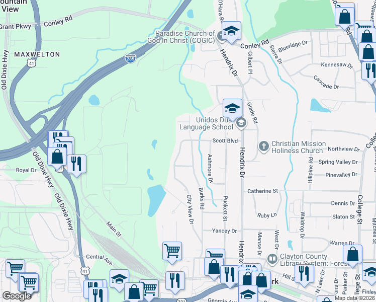 map of restaurants, bars, coffee shops, grocery stores, and more near 4523 Burks Road in Forest Park