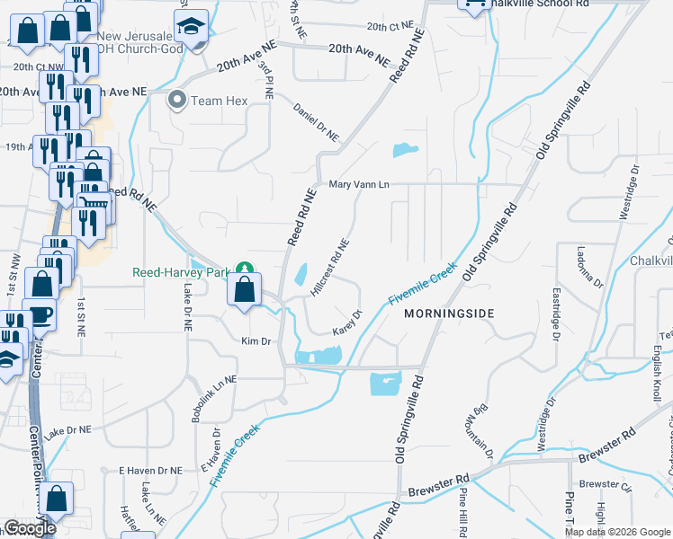 map of restaurants, bars, coffee shops, grocery stores, and more near 1736 Hillcrest Road Northeast in Center Point