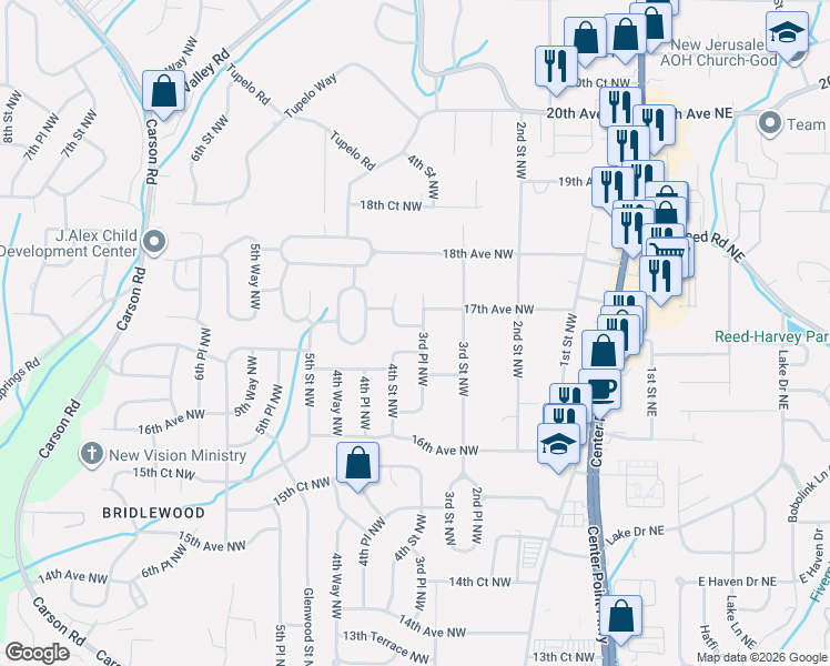 map of restaurants, bars, coffee shops, grocery stores, and more near 317 17th Avenue Northwest in Center Point