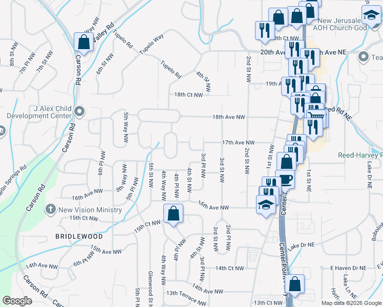 map of restaurants, bars, coffee shops, grocery stores, and more near 317 17th Avenue Northwest in Center Point