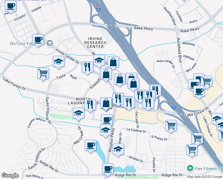 map of restaurants, bars, coffee shops, grocery stores, and more near 9768 Irvine Center Drive in Irvine