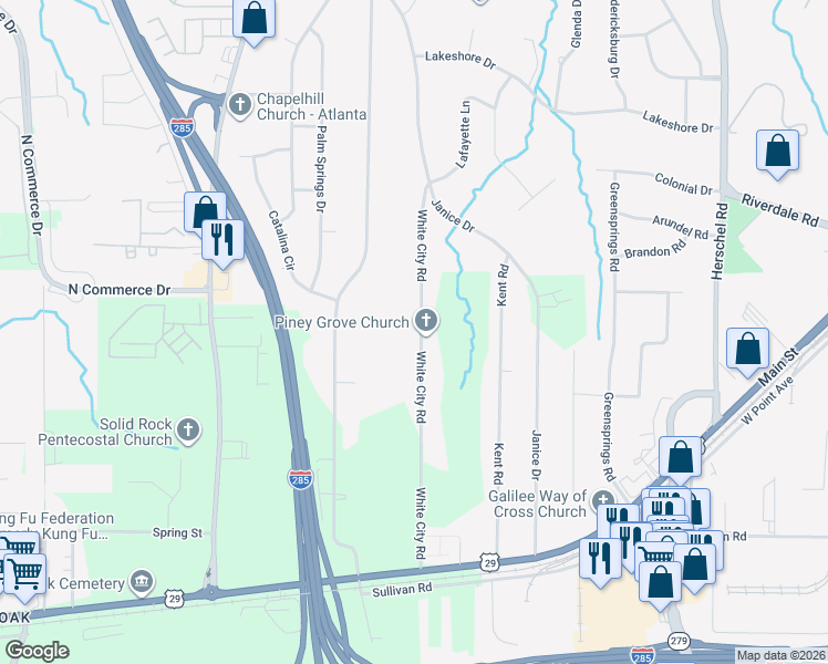 map of restaurants, bars, coffee shops, grocery stores, and more near 4571 White City Road in College Park