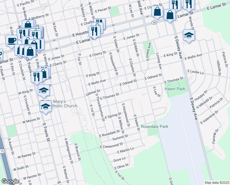 map of restaurants, bars, coffee shops, grocery stores, and more near 809 South Willow Street in Sherman