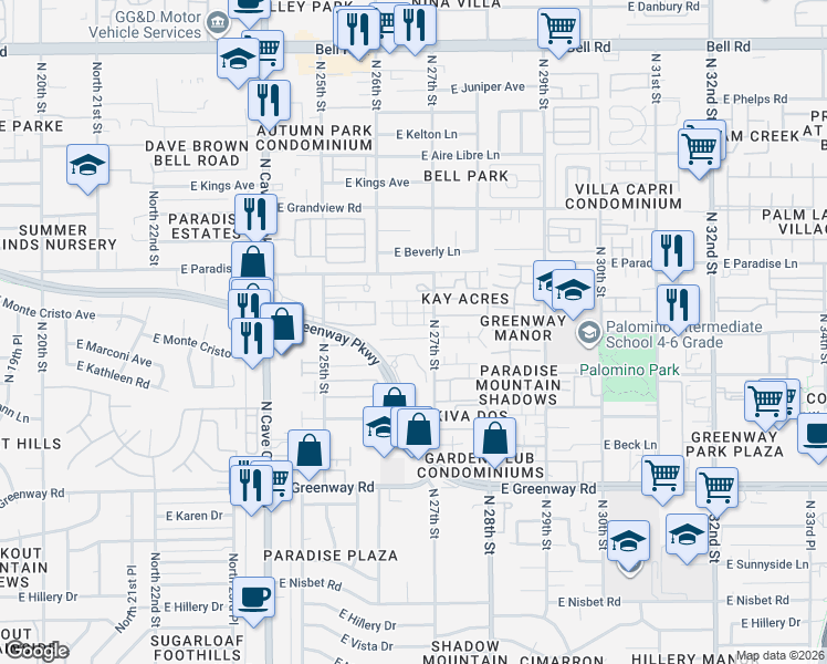 map of restaurants, bars, coffee shops, grocery stores, and more near 16006 North 27th Street in Phoenix