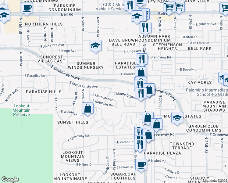 map of restaurants, bars, coffee shops, grocery stores, and more near 2210 East Monte Cristo Avenue in Phoenix