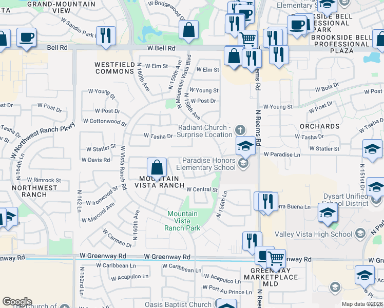 map of restaurants, bars, coffee shops, grocery stores, and more near 15856 West Paradise Lane in Surprise