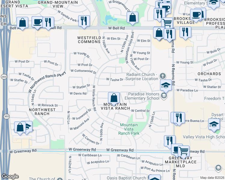 map of restaurants, bars, coffee shops, grocery stores, and more near 15908 West Paradise Lane in Surprise