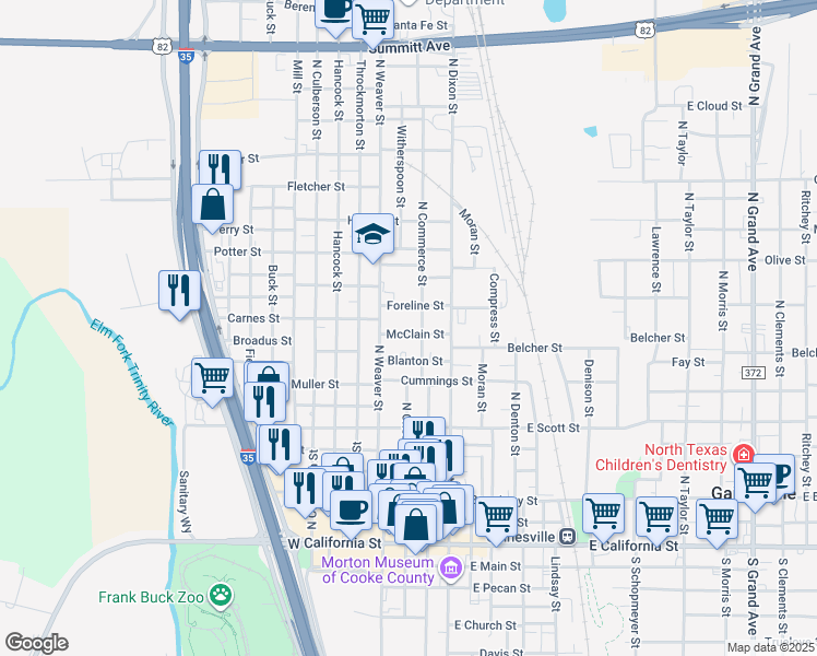 map of restaurants, bars, coffee shops, grocery stores, and more near 225 McClain Street in Gainesville