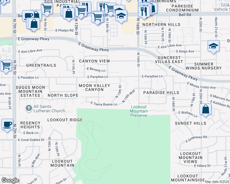 map of restaurants, bars, coffee shops, grocery stores, and more near 1423 East Monte Cristo Avenue in Phoenix