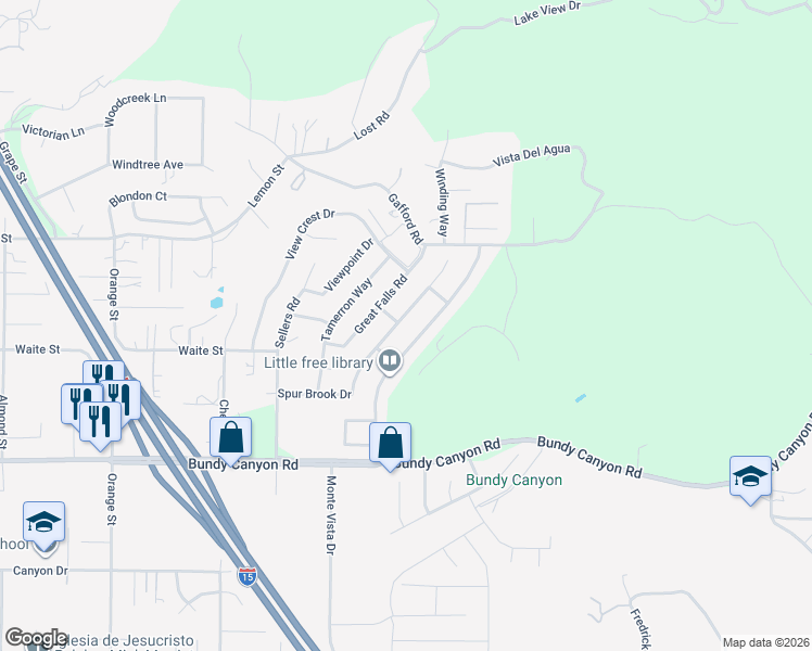 map of restaurants, bars, coffee shops, grocery stores, and more near 33686 Breckenridge Trail in Wildomar
