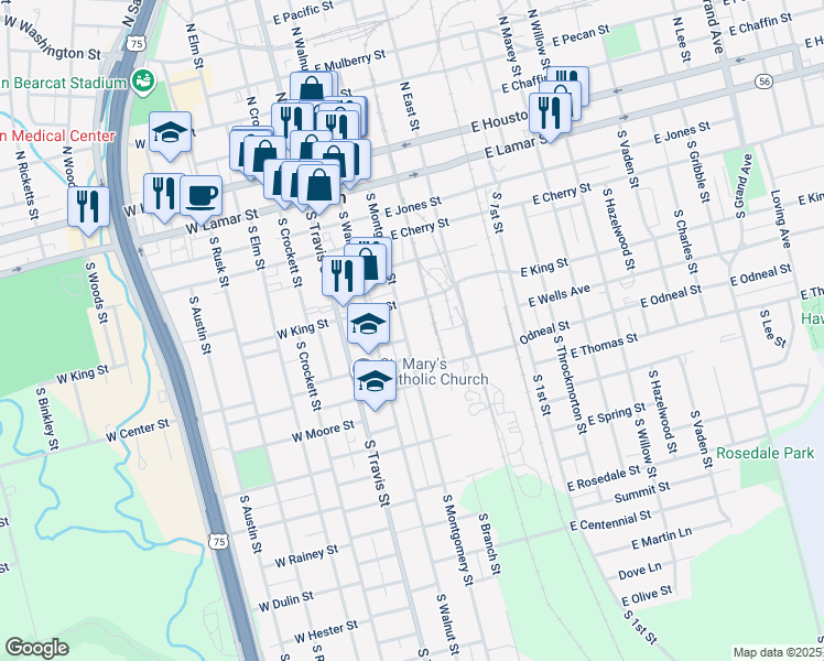 map of restaurants, bars, coffee shops, grocery stores, and more near 625 South Montgomery Street in Sherman