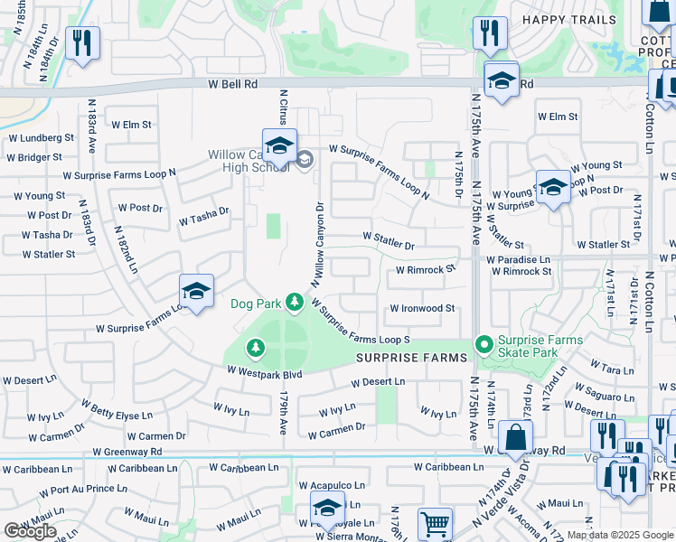 map of restaurants, bars, coffee shops, grocery stores, and more near 17786 West Rimrock Street in Surprise