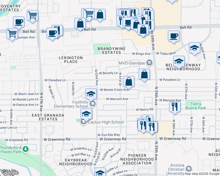 map of restaurants, bars, coffee shops, grocery stores, and more near 6136 West Monte Cristo Avenue in Glendale