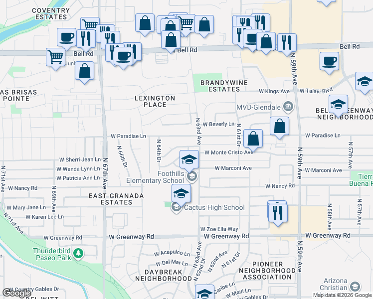 map of restaurants, bars, coffee shops, grocery stores, and more near 6321 West Monte Cristo Avenue in Glendale