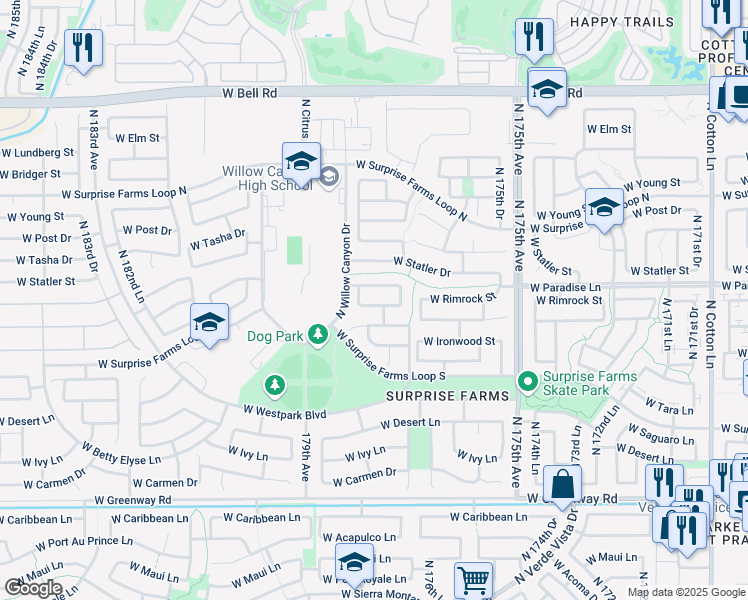 map of restaurants, bars, coffee shops, grocery stores, and more near 17786 West Rimrock Street in Surprise