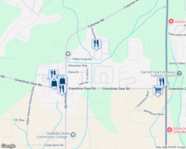 map of restaurants, bars, coffee shops, grocery stores, and more near 1940 Canterbury Square in Anniston