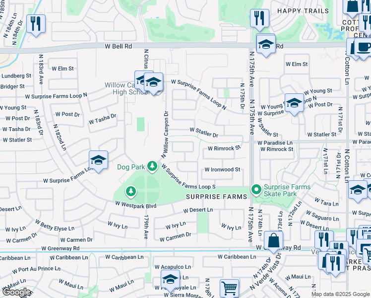 map of restaurants, bars, coffee shops, grocery stores, and more near 17746 West Rimrock Street in Surprise