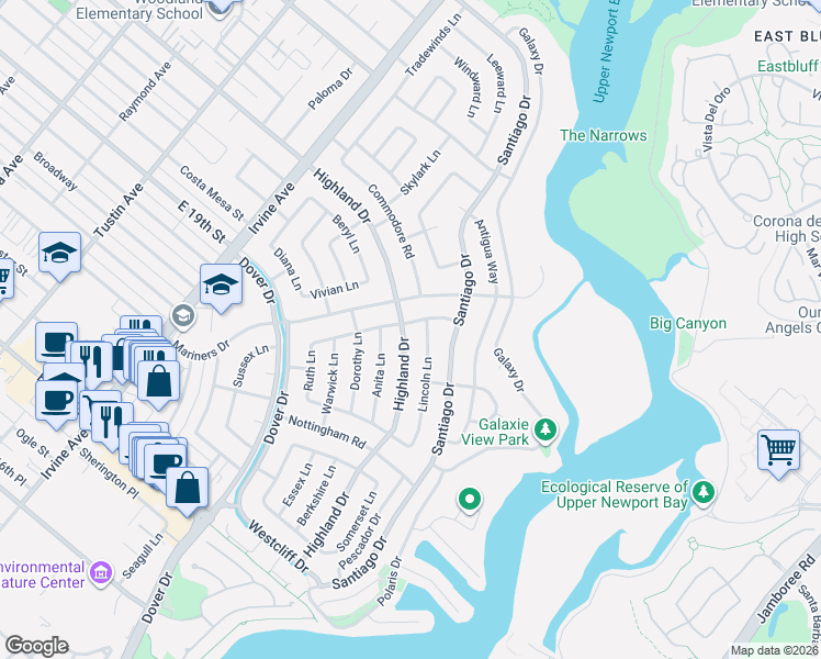 map of restaurants, bars, coffee shops, grocery stores, and more near 1119 Estelle Lane in Newport Beach