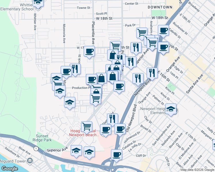 map of restaurants, bars, coffee shops, grocery stores, and more near 70 Ebb Tide Circle in Newport Beach