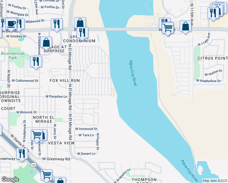 map of restaurants, bars, coffee shops, grocery stores, and more near Morning Glory Court in Surprise
