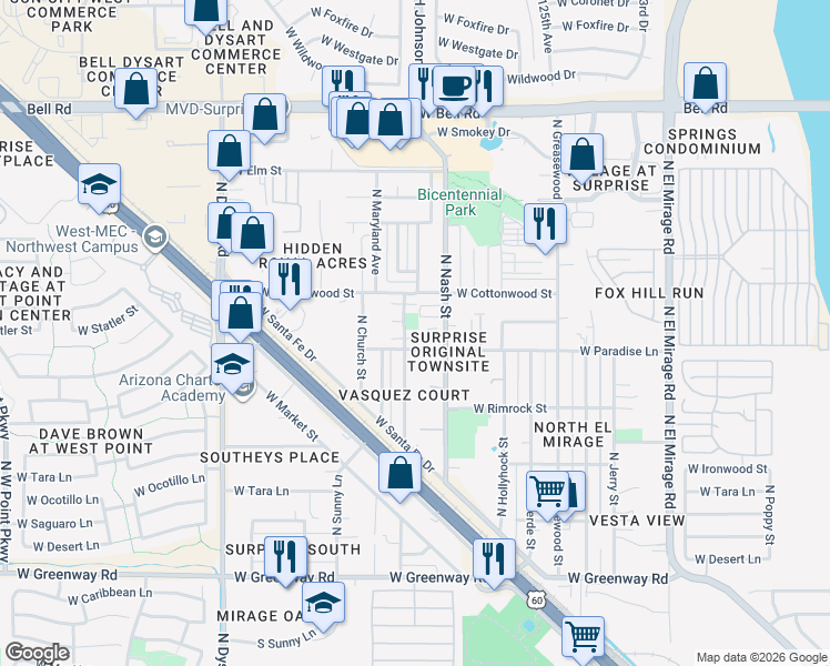 map of restaurants, bars, coffee shops, grocery stores, and more near 16223 North Desert Sage Street in Surprise