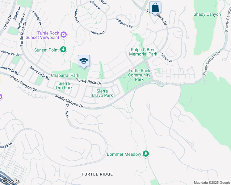 map of restaurants, bars, coffee shops, grocery stores, and more near 19172 Sierra Maria Road in Irvine