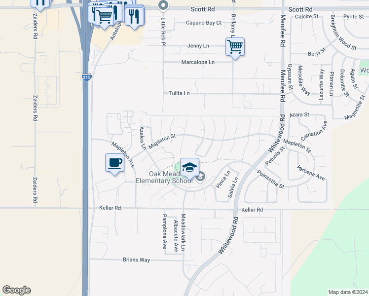 map of restaurants, bars, coffee shops, grocery stores, and more near 33656 Honeysuckle Lane in Murrieta