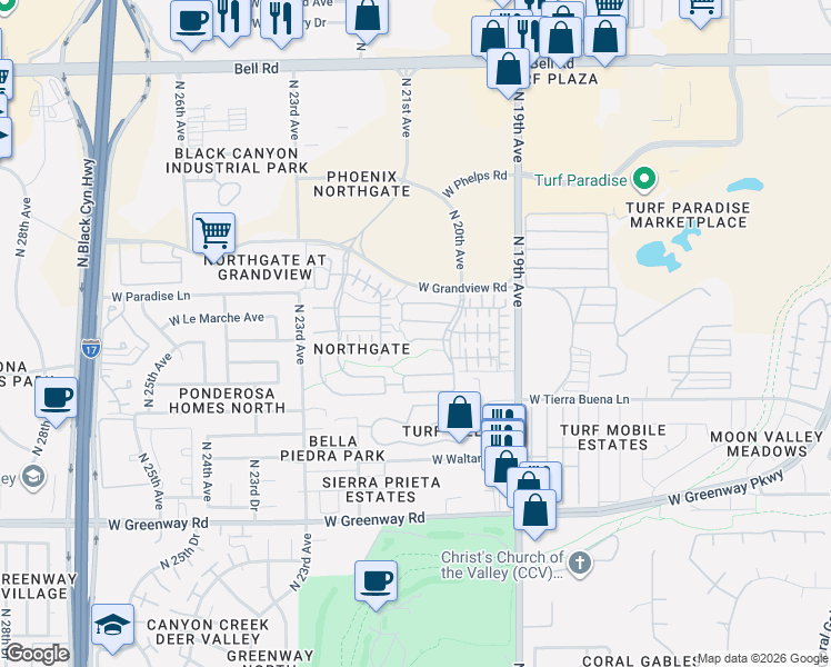 map of restaurants, bars, coffee shops, grocery stores, and more near 2111 West Le Marche Avenue in Phoenix