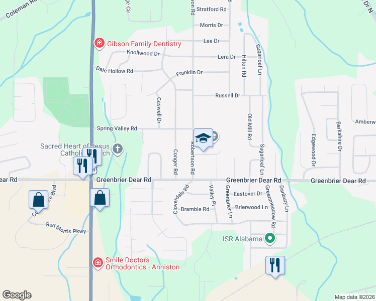map of restaurants, bars, coffee shops, grocery stores, and more near 1216 Robertson Road in Anniston
