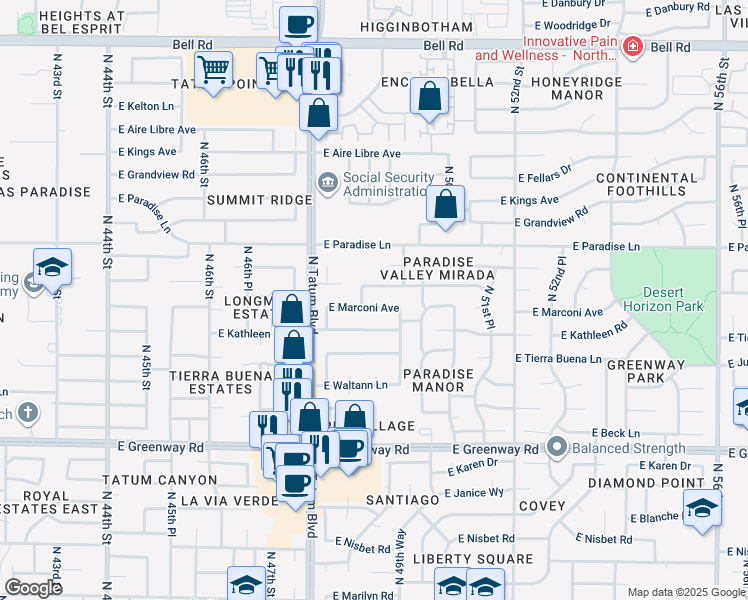 map of restaurants, bars, coffee shops, grocery stores, and more near 4906 E Marconi Ave in Scottsdale