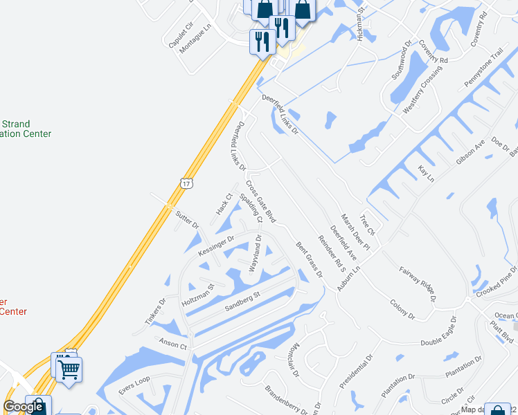 map of restaurants, bars, coffee shops, grocery stores, and more near 1120 Spalding Court in Surfside Beach