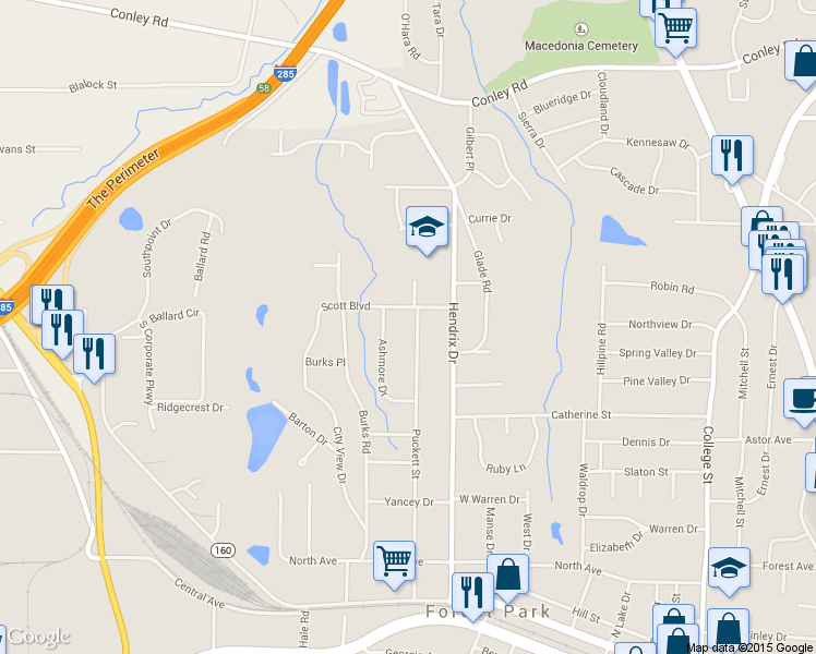 map of restaurants, bars, coffee shops, grocery stores, and more near 4529 Puckett Street in Forest Park