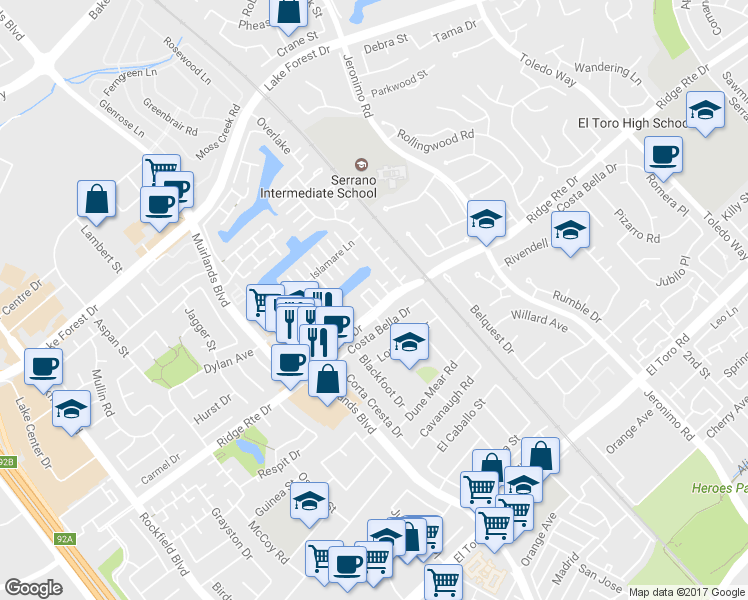 map of restaurants, bars, coffee shops, grocery stores, and more near 22853 Ridge Route Lane in Lake Forest