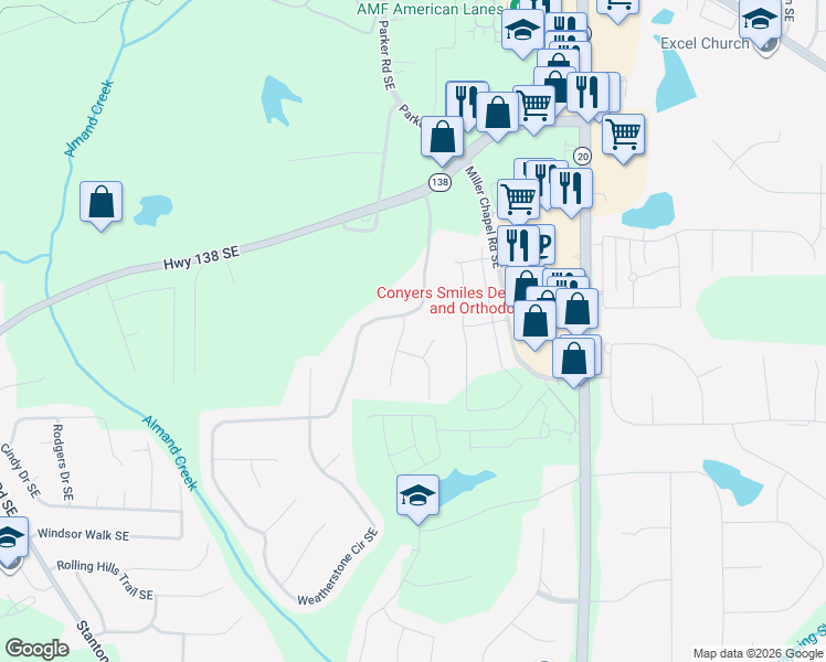 map of restaurants, bars, coffee shops, grocery stores, and more near 1903 Sheldon Lane in Conyers