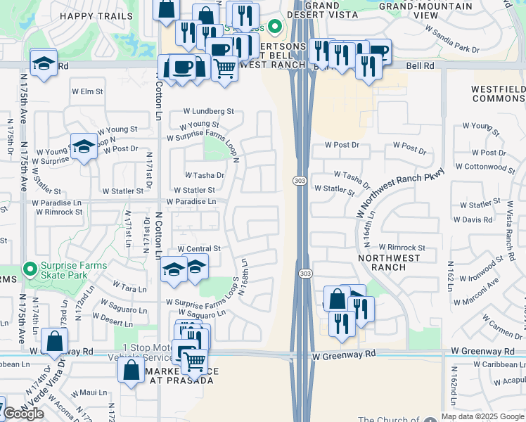 map of restaurants, bars, coffee shops, grocery stores, and more near 16835 West Rimrock Street in Surprise