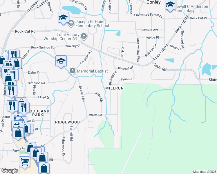 map of restaurants, bars, coffee shops, grocery stores, and more near 4517 Richard Road in Conley