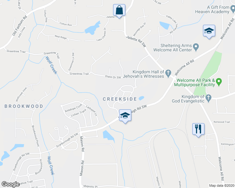 map of restaurants, bars, coffee shops, grocery stores, and more near 4628 Creekside Cove in College Park