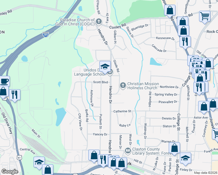 map of restaurants, bars, coffee shops, grocery stores, and more near 4531 Hendrix Drive in Forest Park
