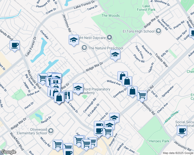 map of restaurants, bars, coffee shops, grocery stores, and more near 22846 Belquest Drive in Lake Forest