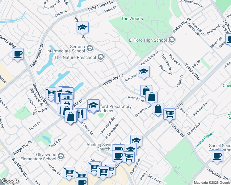 map of restaurants, bars, coffee shops, grocery stores, and more near 22846 Belquest Drive in Lake Forest