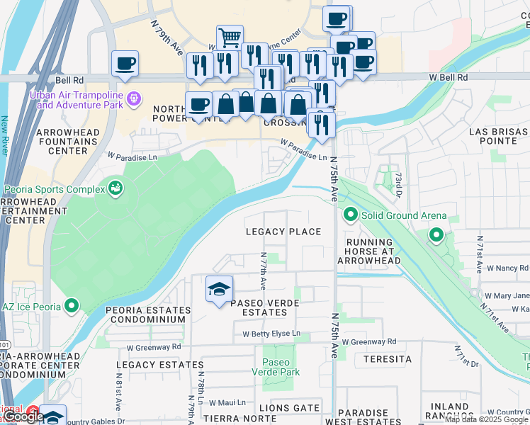 map of restaurants, bars, coffee shops, grocery stores, and more near 7758 West Lockland Court in Peoria